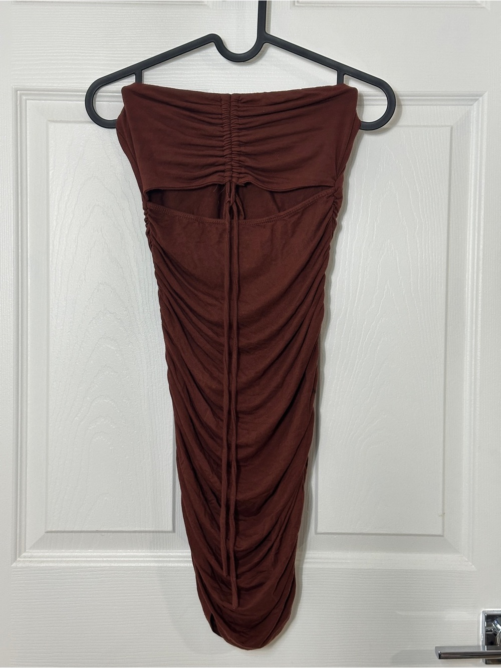 Ruched Strapless Midi Skirt in Chocolate Brown